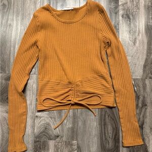 Women’s Ribbed Cinch-Waist Long Sleeve Top - Mustard